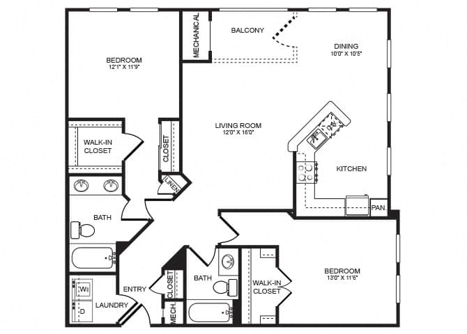 Floor plan for 2 beds, 2 baths, 1204 sqft